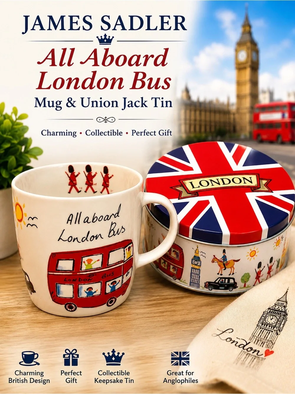 James Sadler All Aboard London Bus Mug & Union Jack Tin | British Collectible